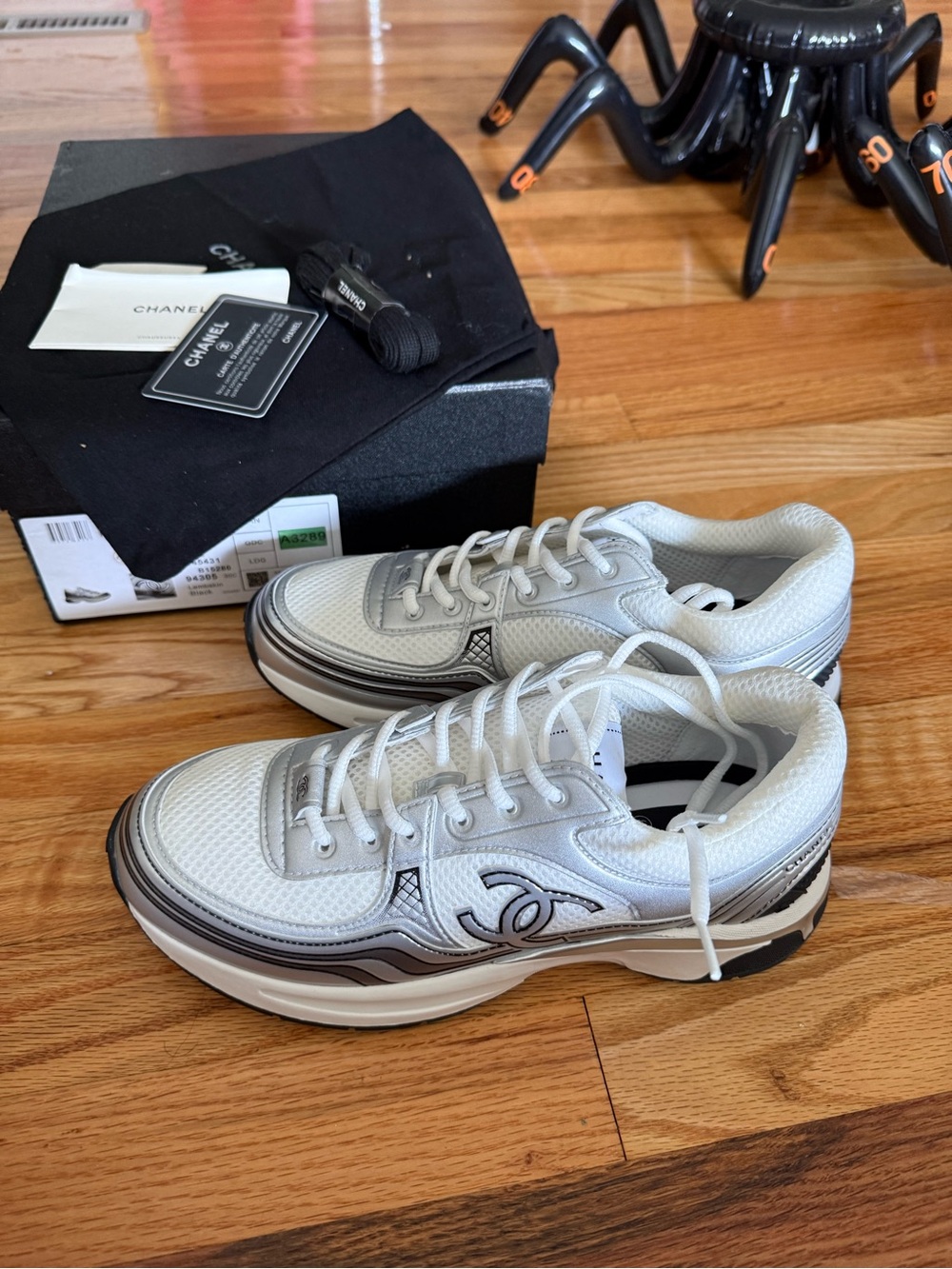 CHANEL White and Silver-Up Sneakers